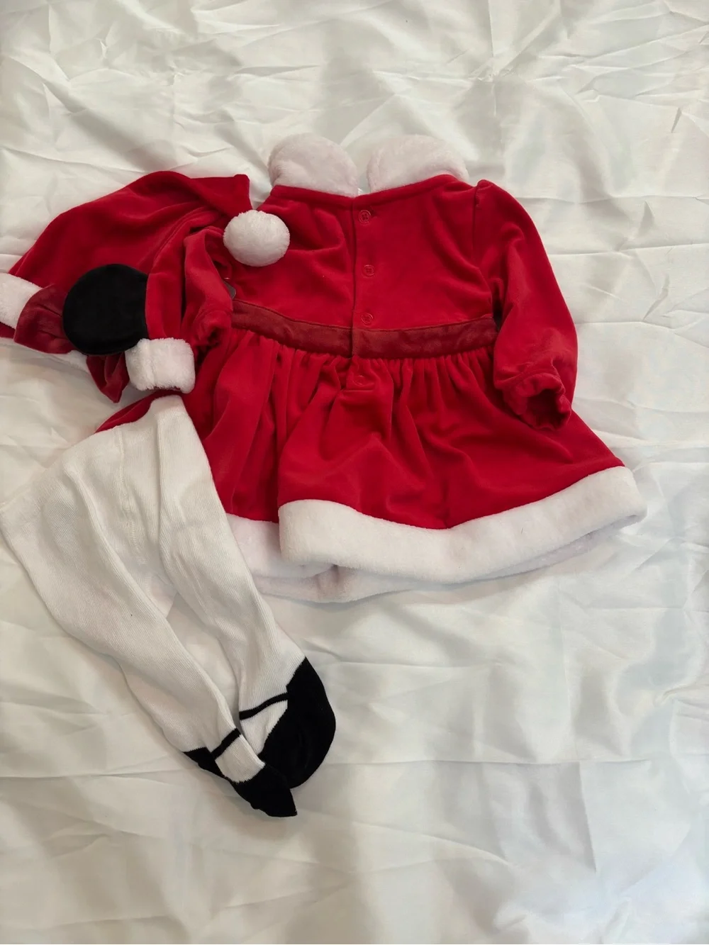 Disney Red and White Minnie Holiday Velvet Dress with Santa Hat and tights 3-6m